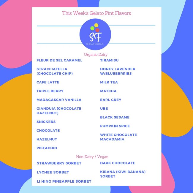 SF Gelateria Gelato Flavors, Gelato Menu SF Gelateria